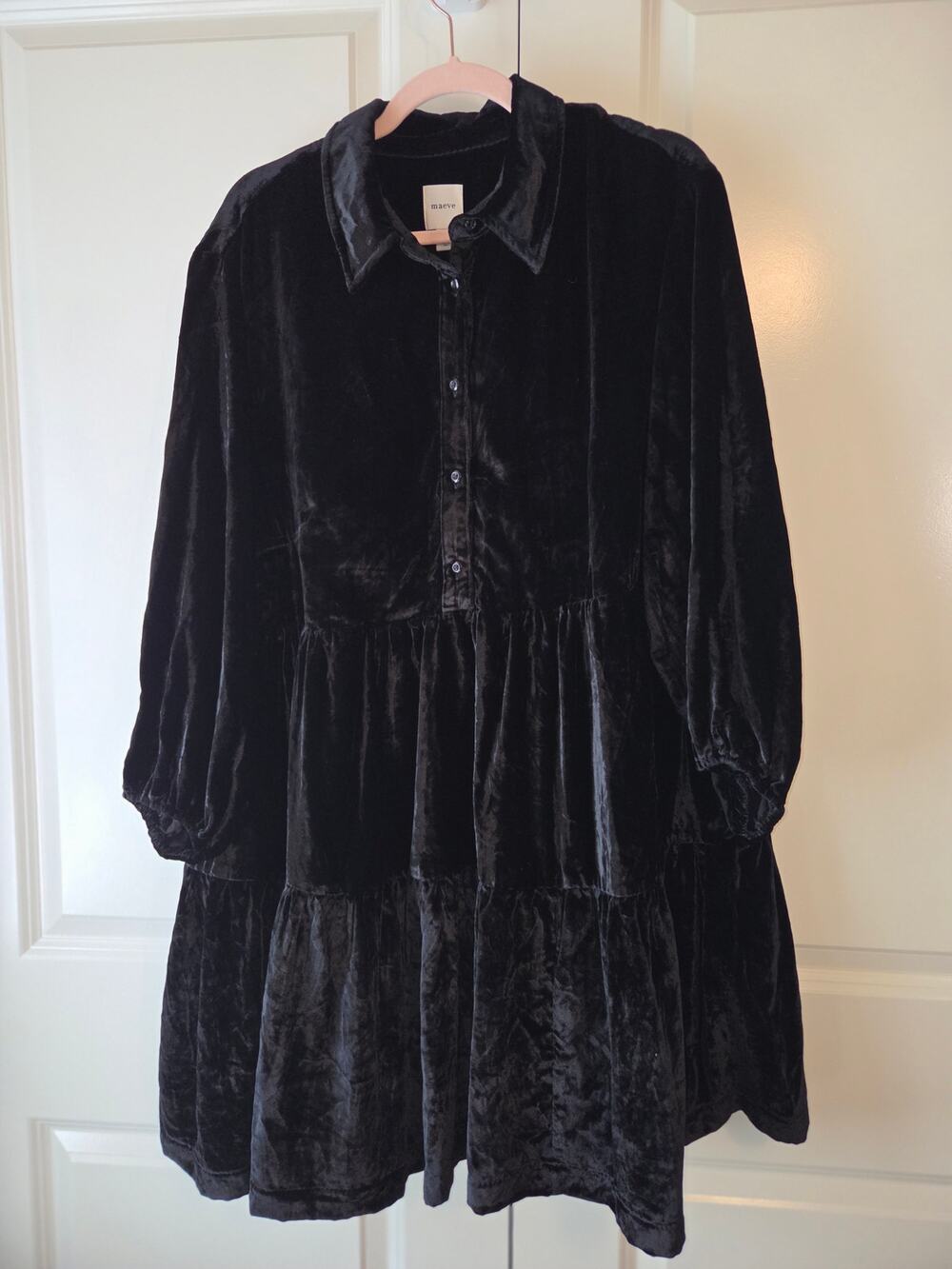 Maeve Anthropologie Black Velvet Bettina Tiered Mini Shirt Dress Size 1X NWT